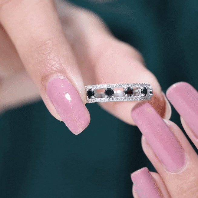 Round Cut Black Onyx and Diamond Half Eternity Band Ring