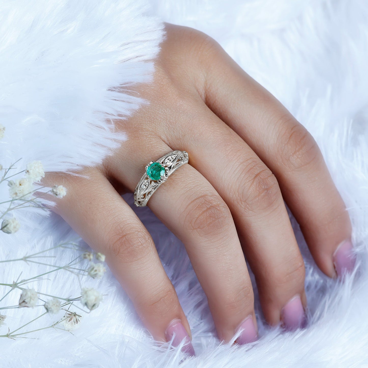 Natural Emerald Diamond Antique Looking Engagement Ring