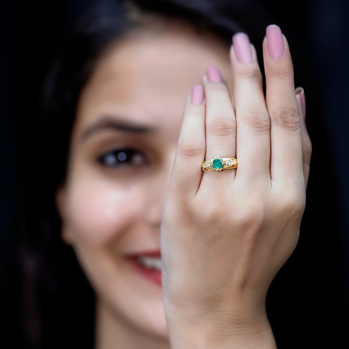 Natural Emerald Diamond Antique Looking Engagement Ring