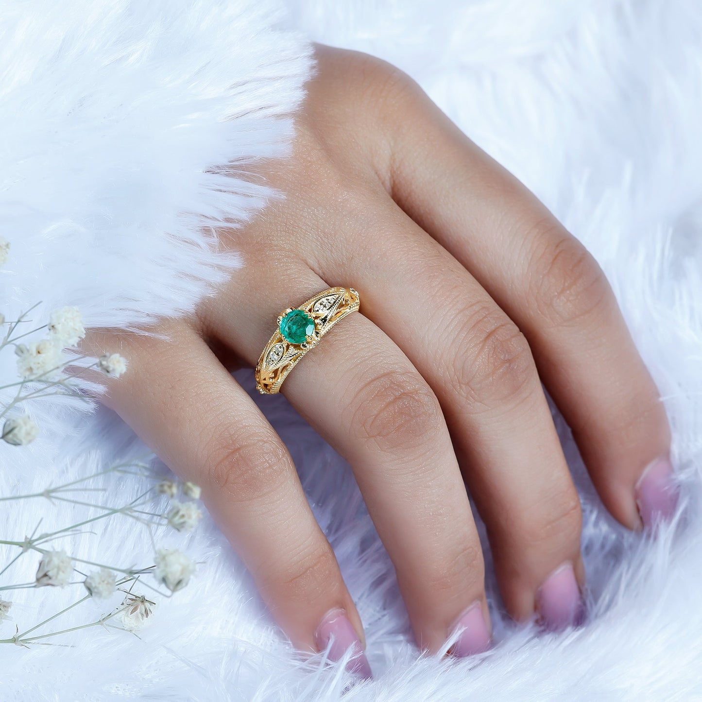 Natural Emerald Diamond Antique Looking Engagement Ring