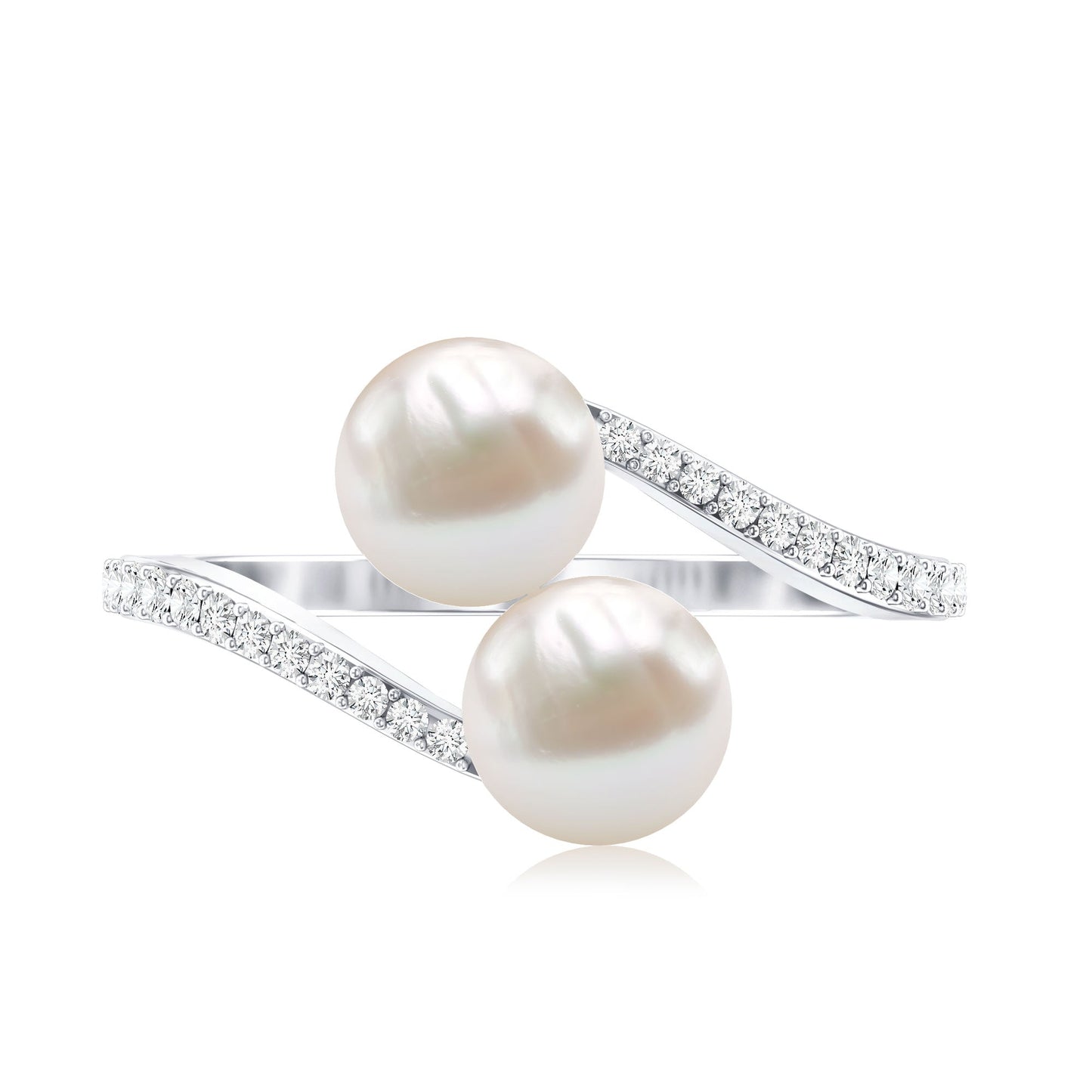 Natural Freshwater Pearl 2 Stone Engagement Ring with Diamond