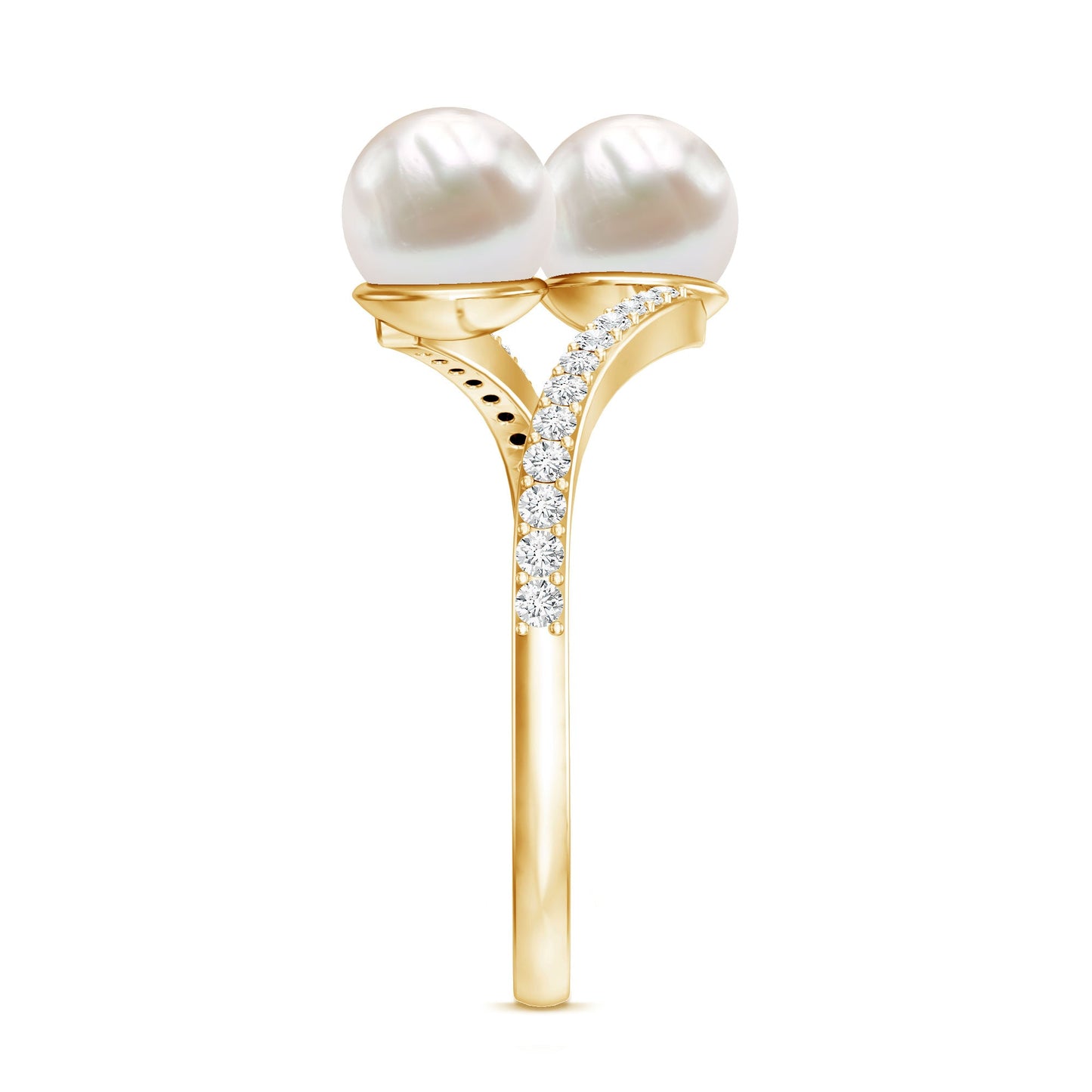 Natural Freshwater Pearl 2 Stone Engagement Ring with Diamond