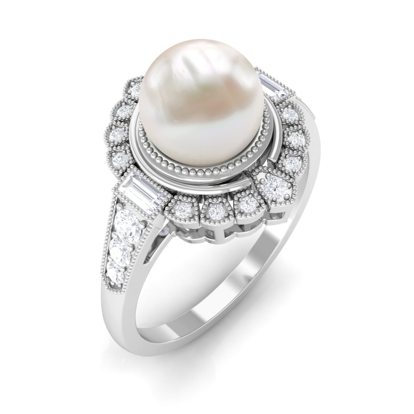 Vintage Inspired 3 Carat Freshwater Pearl Engagement Ring with Diamond