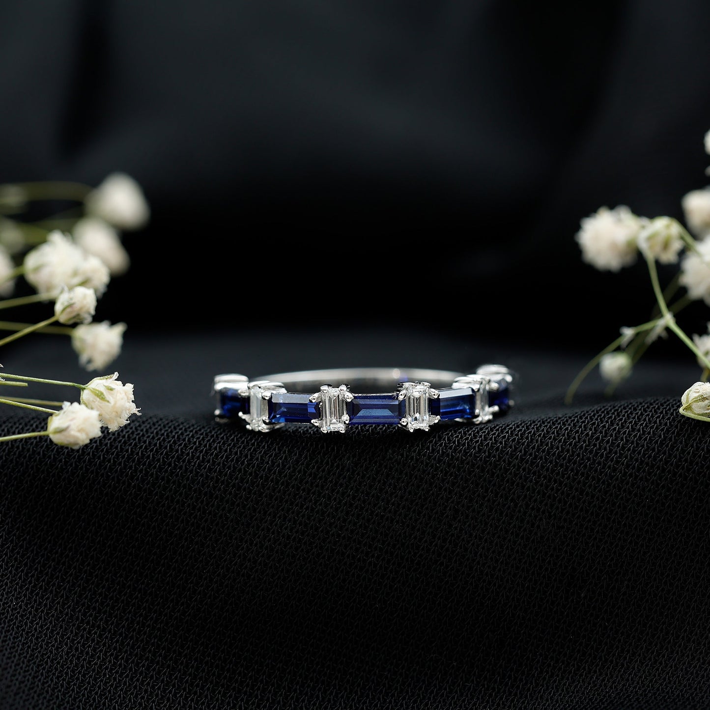 Blue Sapphire and Diamond Half Eternity Ring