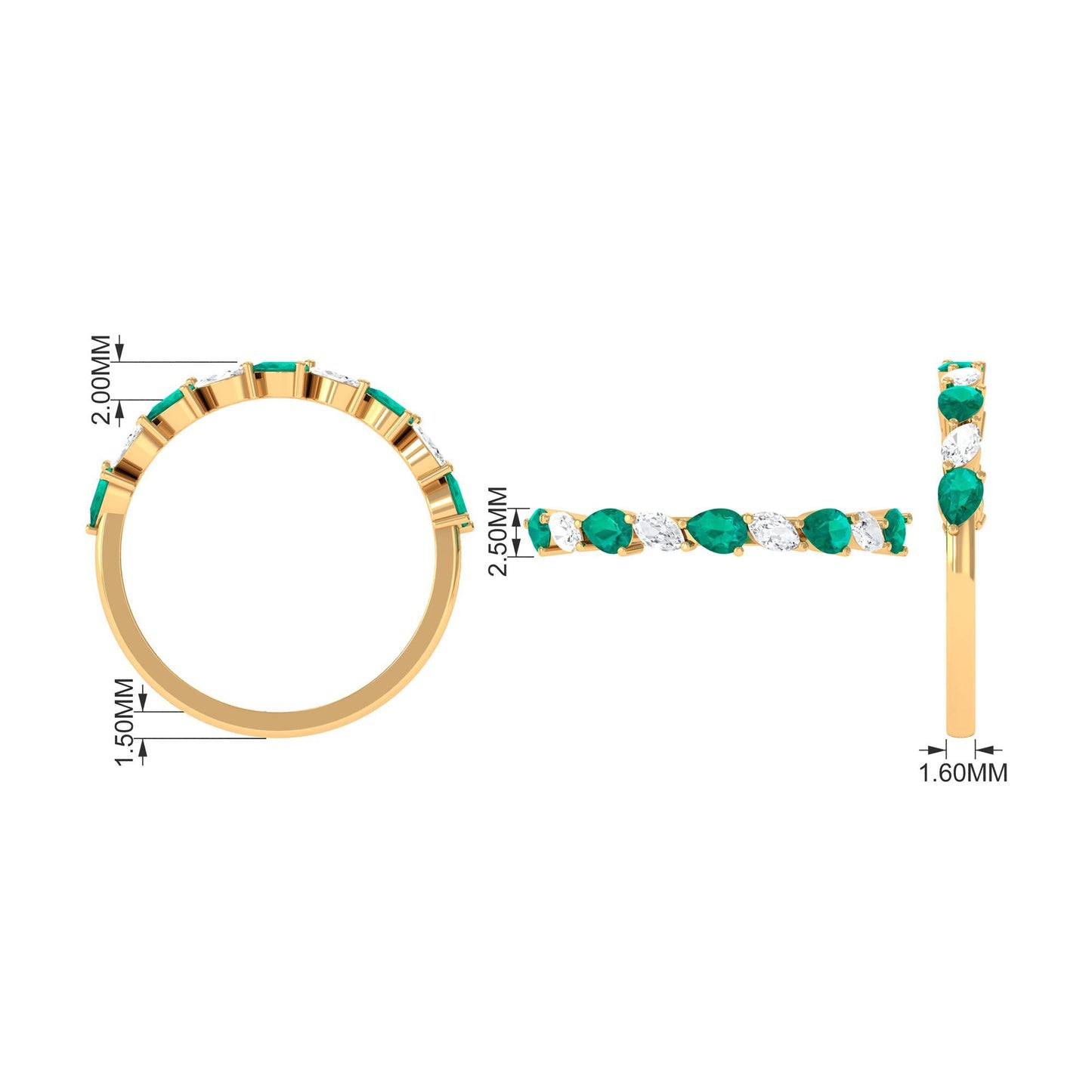Natural Pear Shape Emerald Half Eternity Ring in East West Style