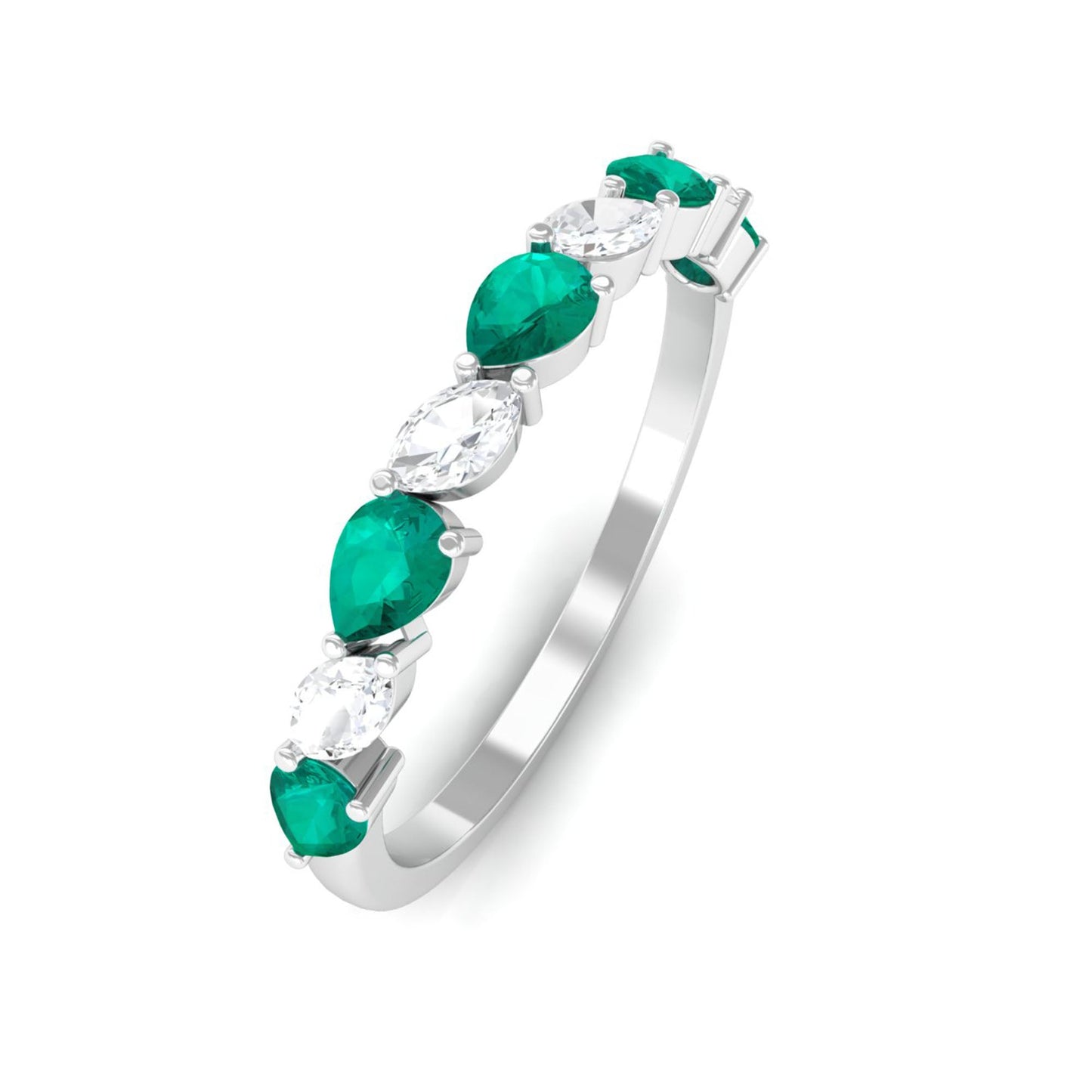 Natural Pear Shape Emerald Half Eternity Ring in East West Style