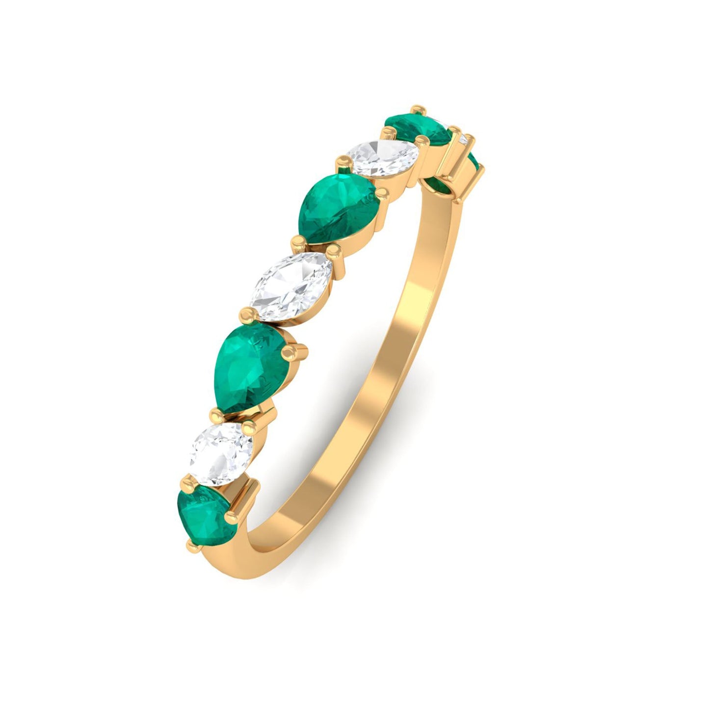 Natural Pear Shape Emerald Half Eternity Ring in East West Style