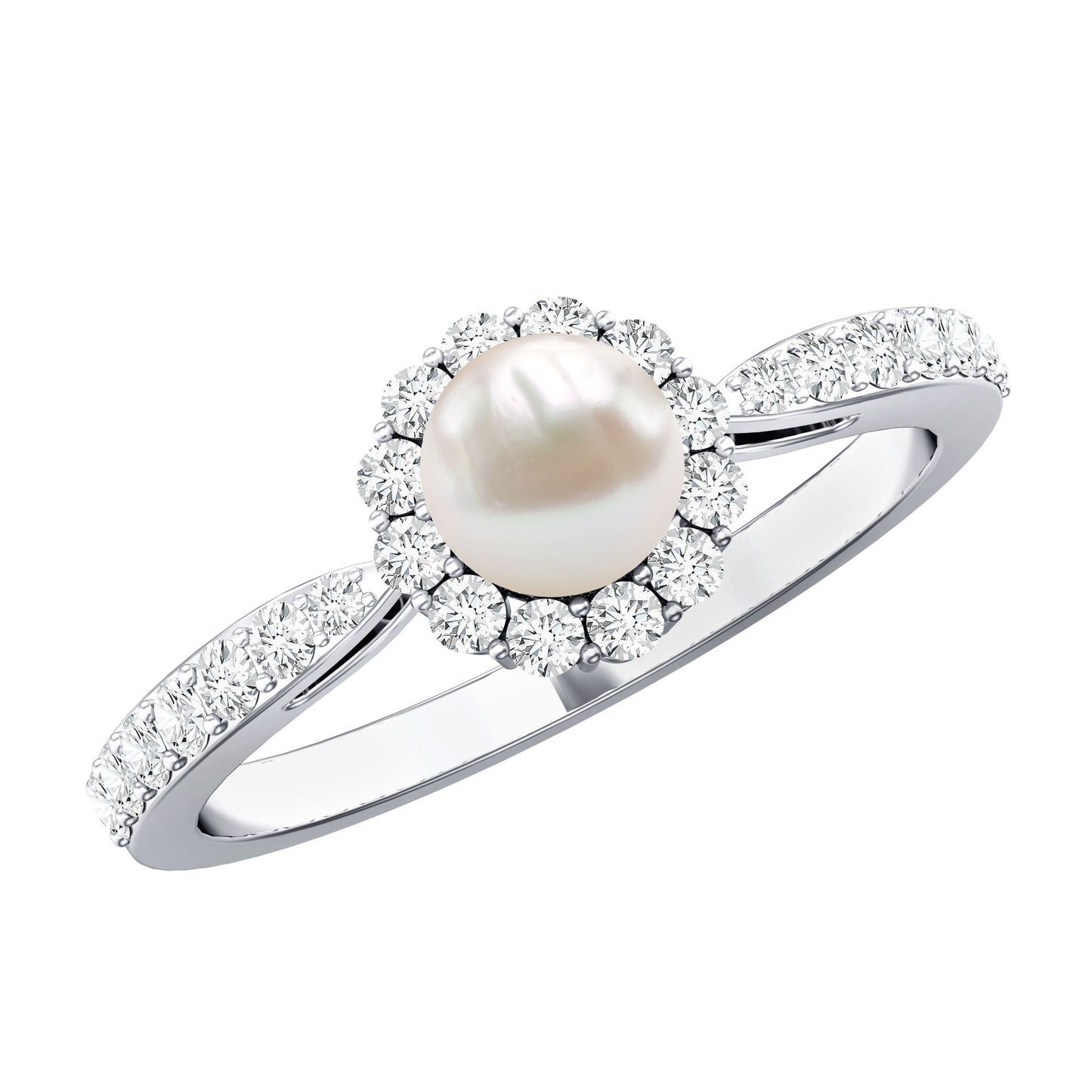 Cultured Freshwater Pearl 2 Carat Engagement Ring with Diamond Halo