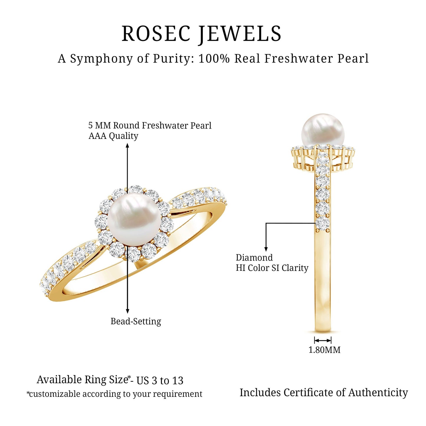 Cultured Freshwater Pearl 2 Carat Engagement Ring with Diamond Halo
