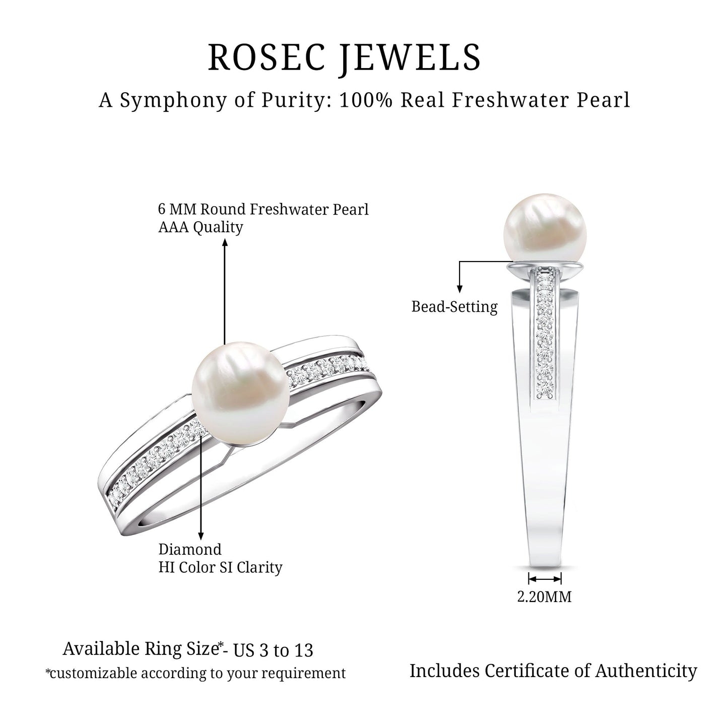 2.2 Carat Freshwater Pearl Engagement Ring with Diamond for Women