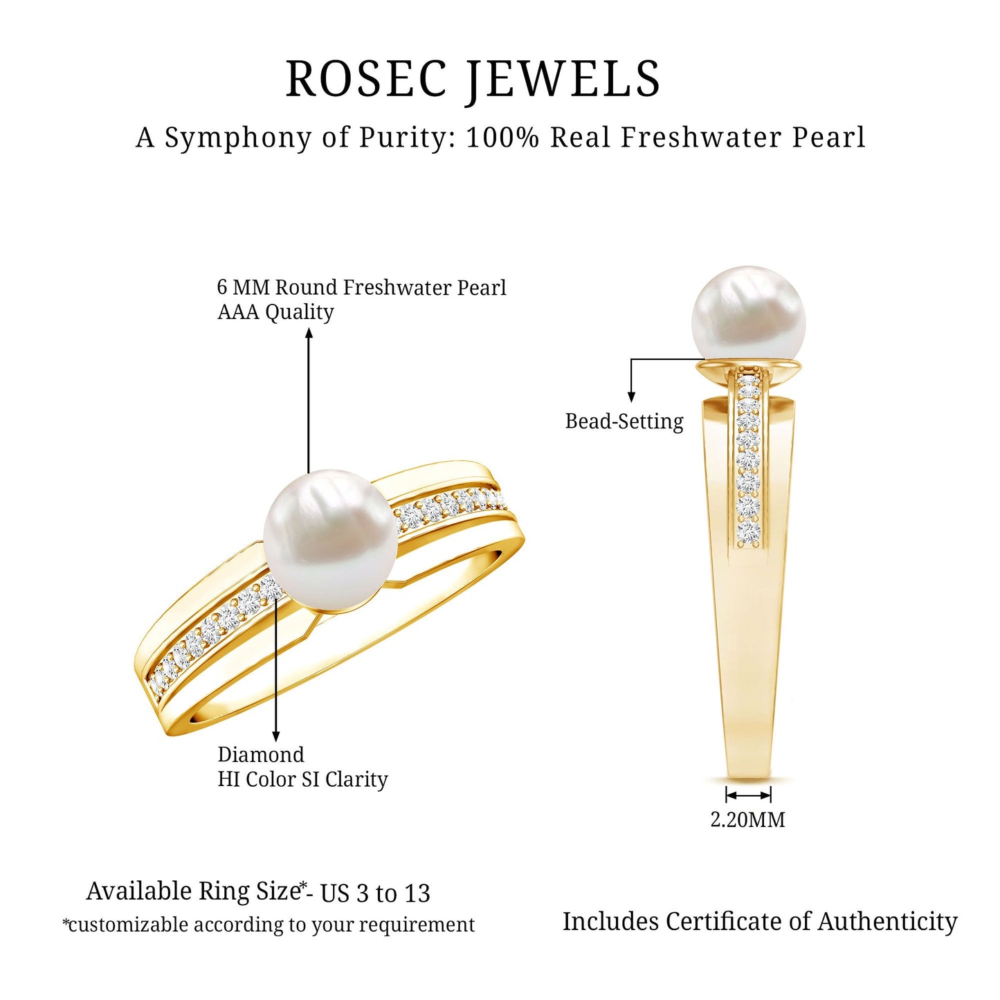 2.2 Carat Freshwater Pearl Engagement Ring with Diamond for Women