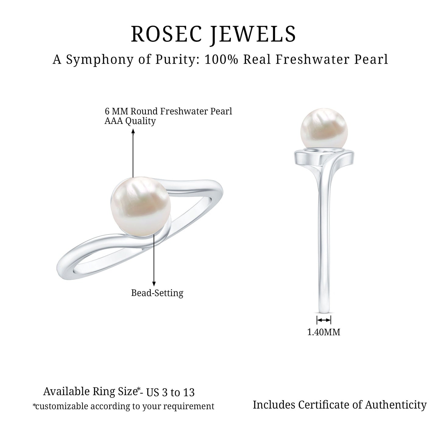 2 Carat Solitaire Freshwater White Pearl Bypass Engagement Ring for Women