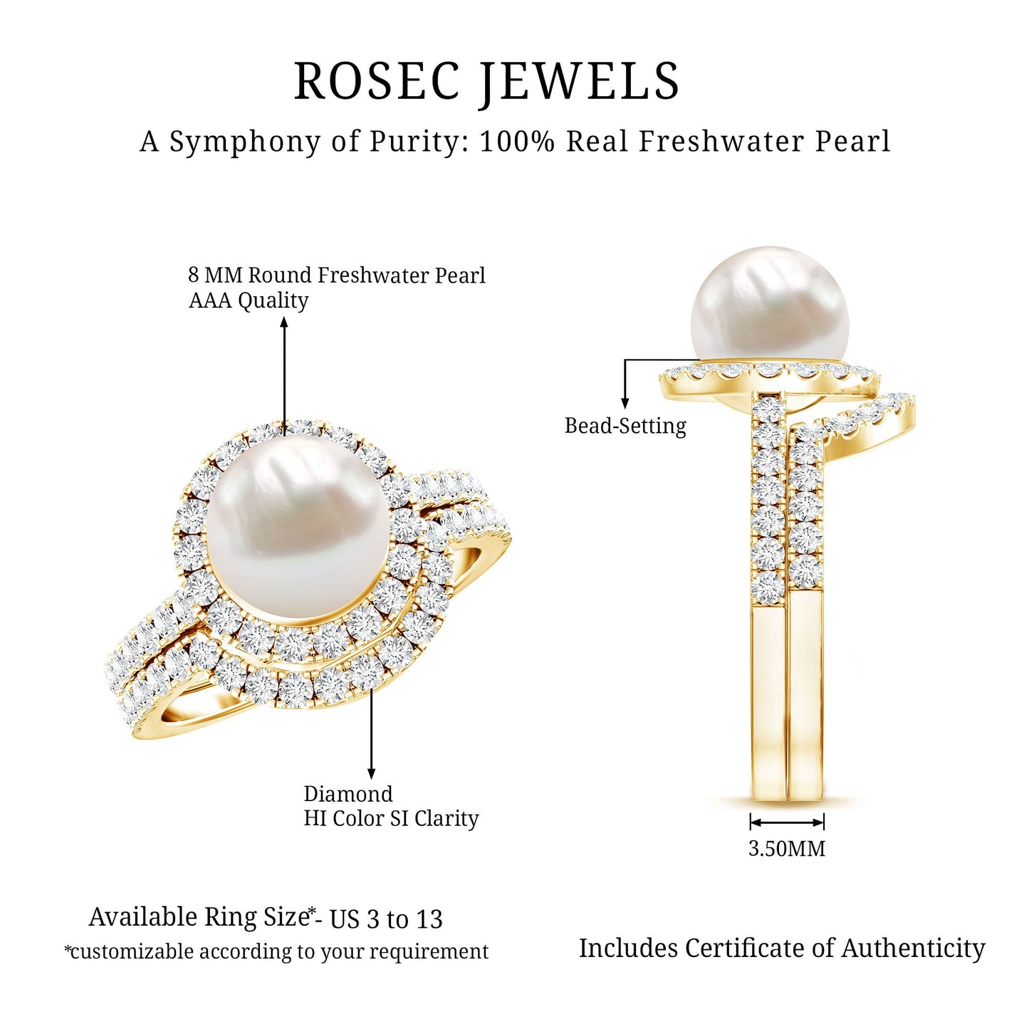 Cultured 7.4 Carat Freshwater Pearl Engagement Ring with Diamond Wedding Band