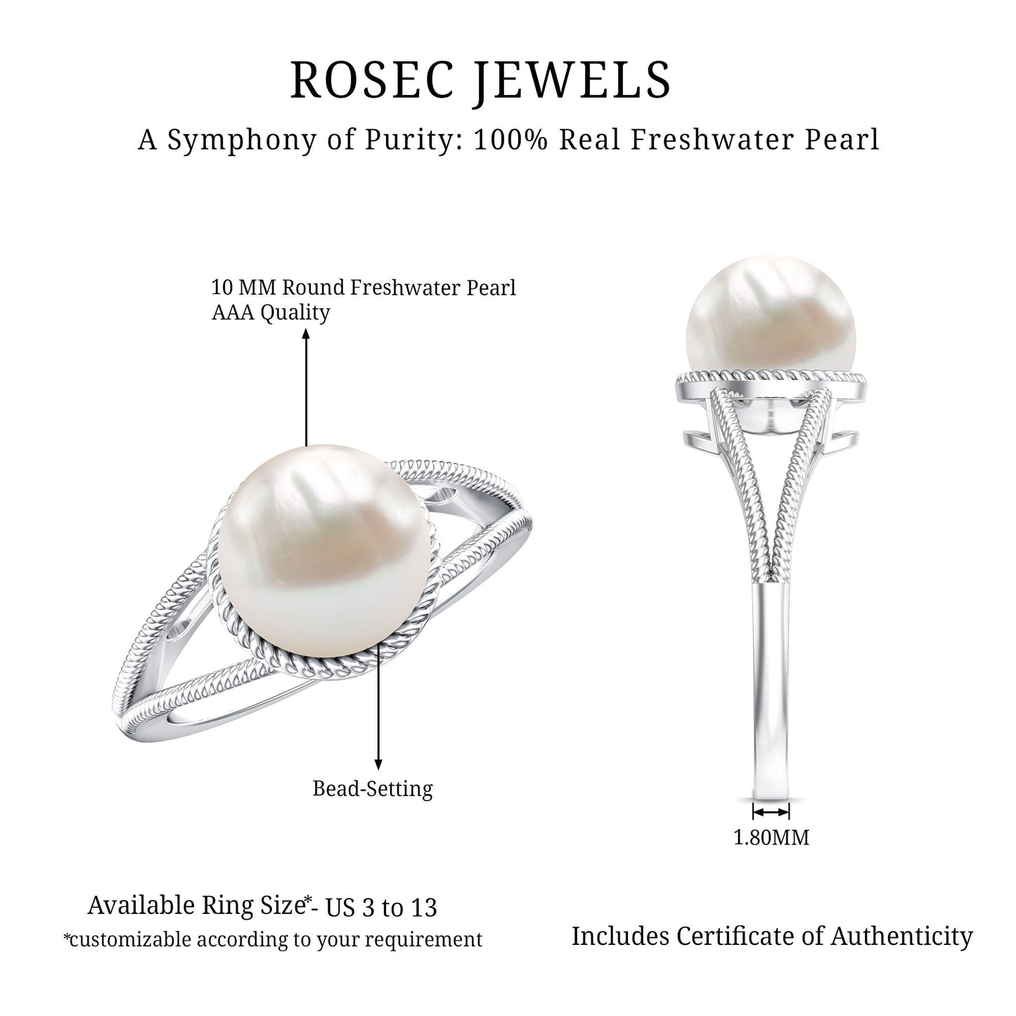 8 Carat Freshwater Pearl Solitaire Engagement Ring in Split Shank