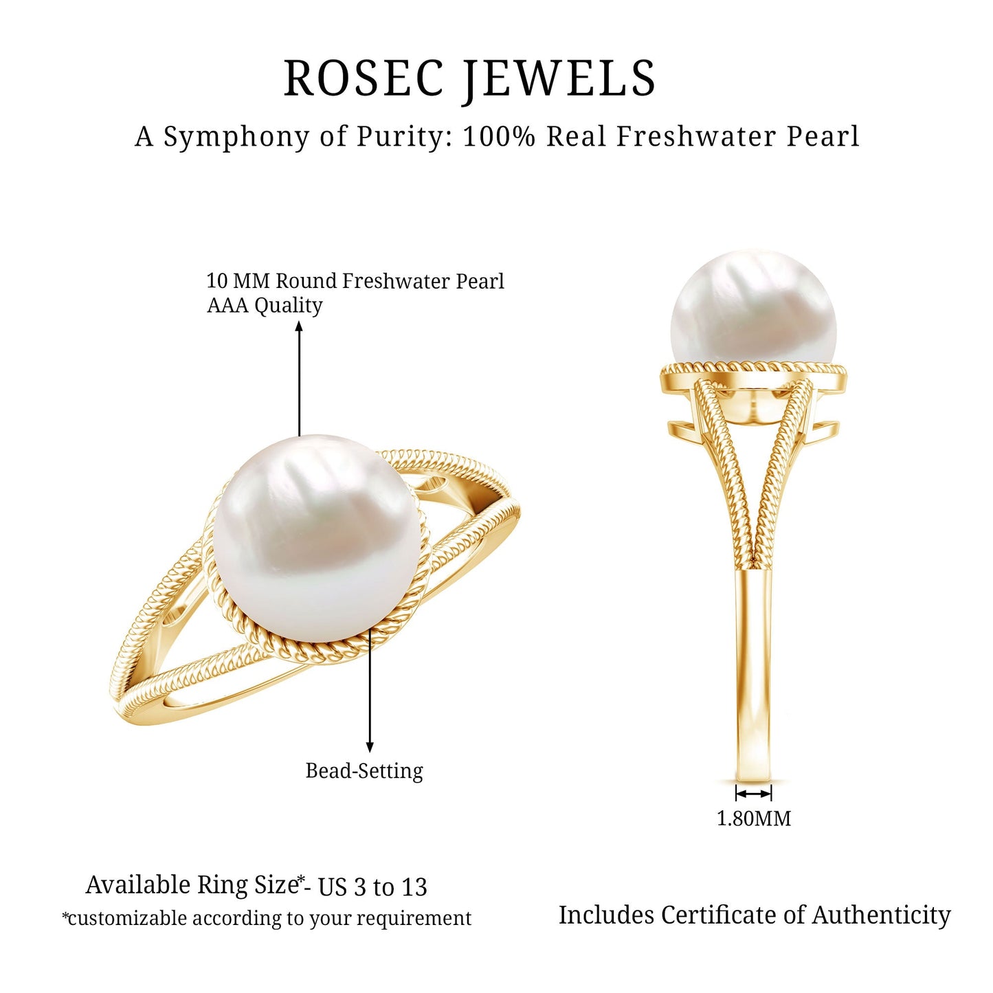 8 Carat Freshwater Pearl Solitaire Engagement Ring in Split Shank