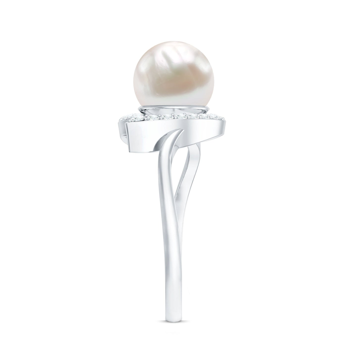 Cultured Freshwater Pearl Promise Ring with Diamond Leaf