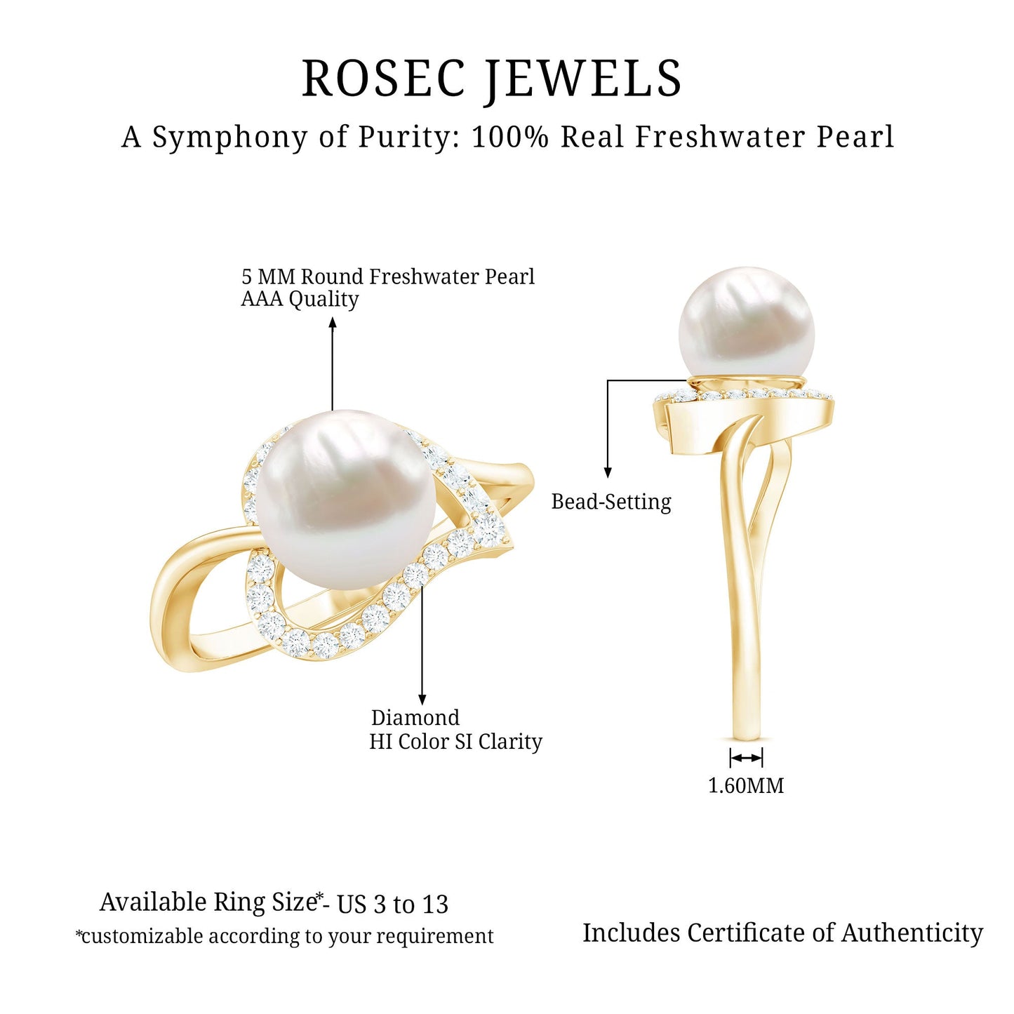 Cultured Freshwater Pearl Promise Ring with Diamond Leaf
