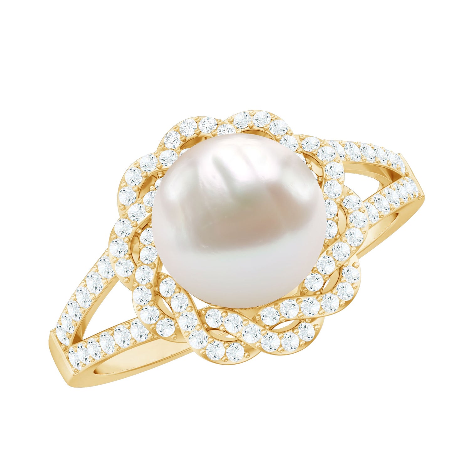 Split Shank Freshwater Pearl and Diamond Braided Statement Ring