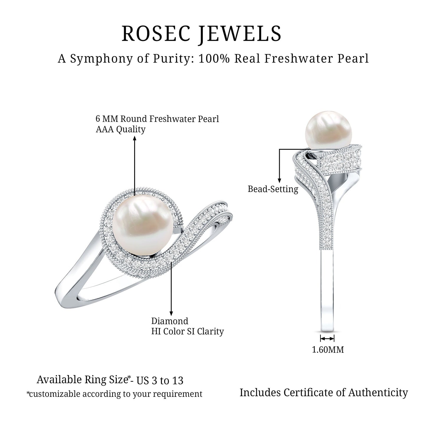 2.2 Carat Freshwater Pearl Bypass Engagement Ring with Diamond