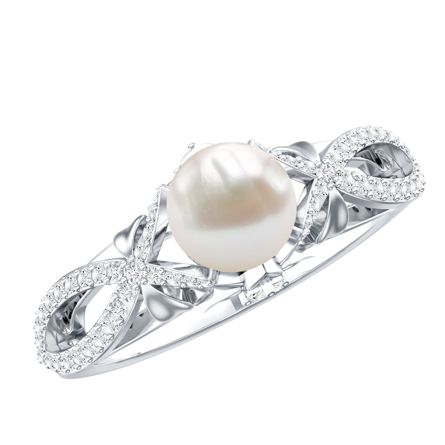 Cultured 2.2 Carat Freshwater Pearl Solitaire Engagement Ring with Diamond Crossover Shank