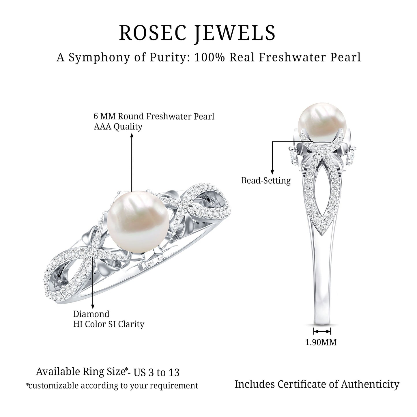 Cultured 2.2 Carat Freshwater Pearl Solitaire Engagement Ring with Diamond Crossover Shank