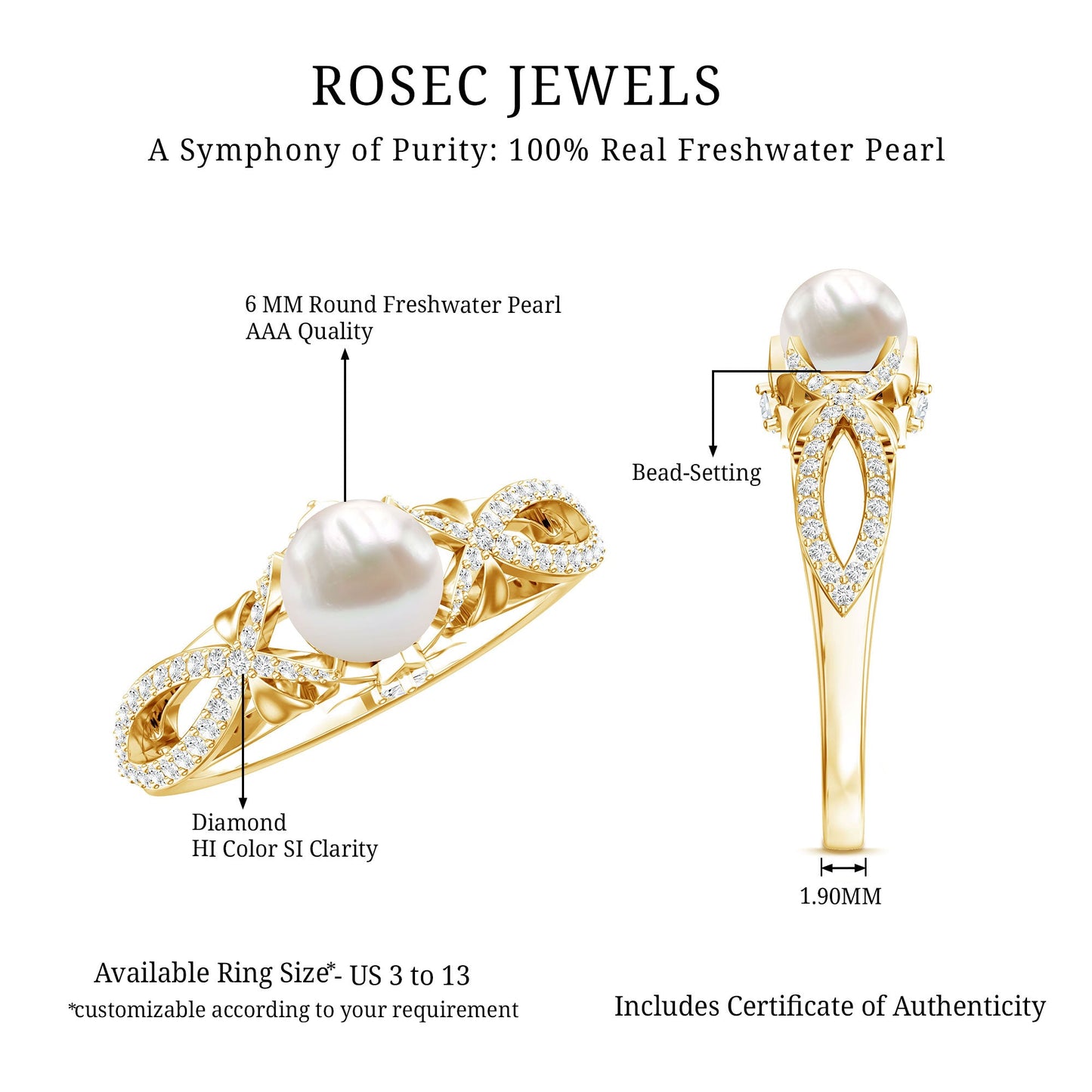 Cultured 2.2 Carat Freshwater Pearl Solitaire Engagement Ring with Diamond Crossover Shank