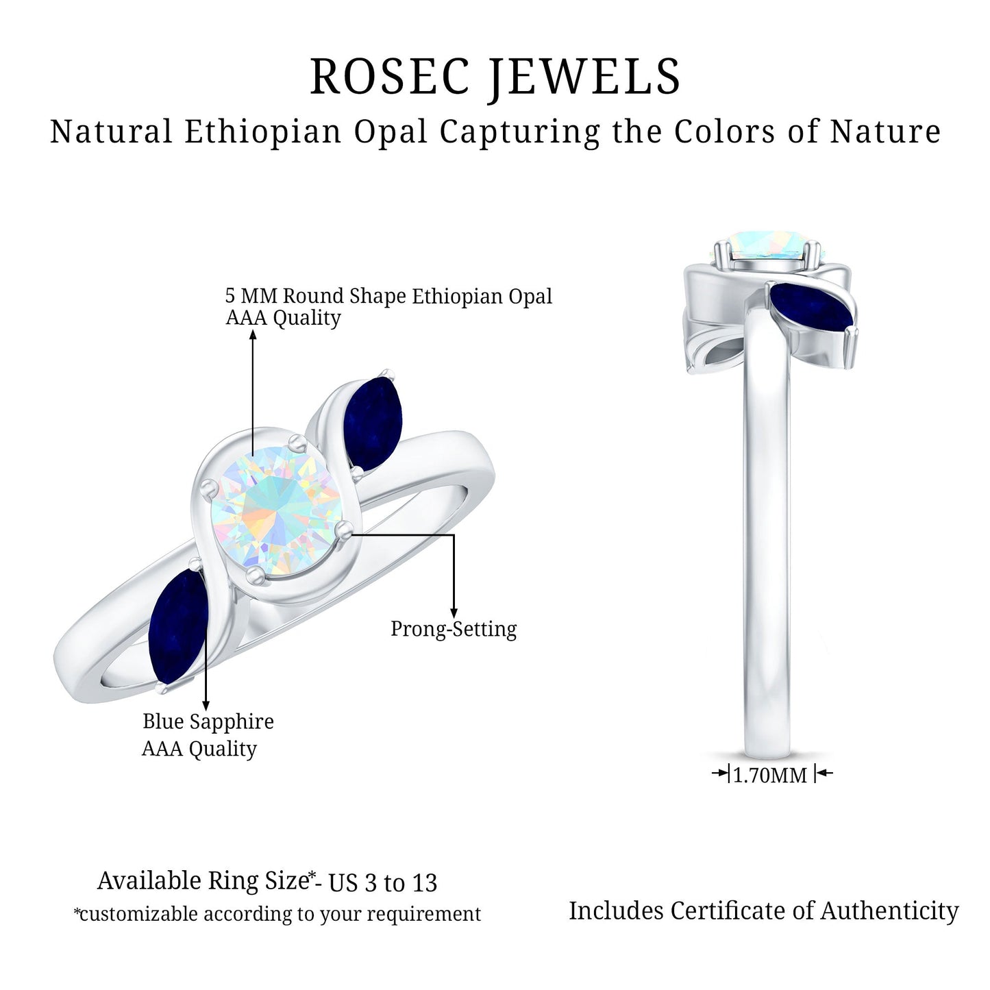 Natural Ethiopian Rainbow Opal Promise Ring with Blue Sapphire