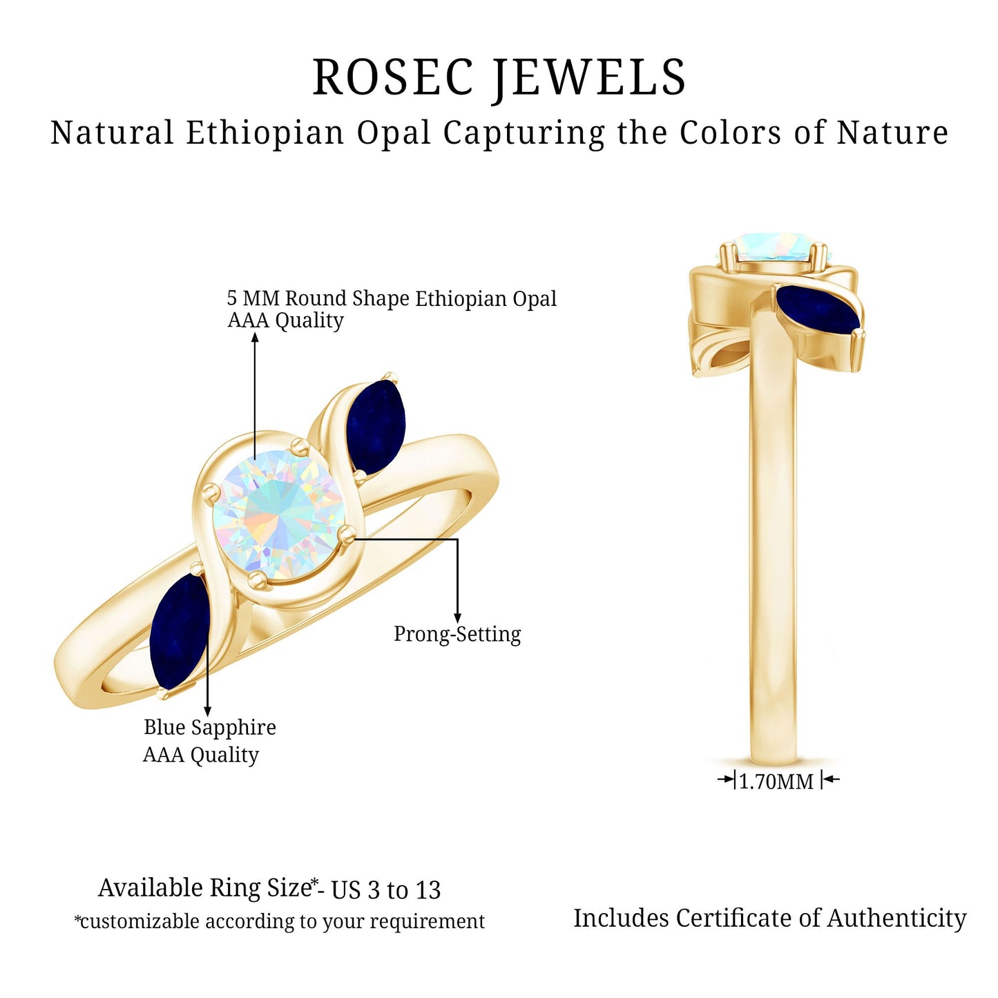 Natural Ethiopian Rainbow Opal Promise Ring with Blue Sapphire