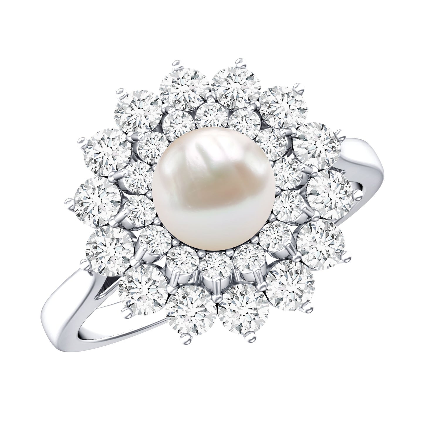 Certified Real Freshwater Pearl Flower Engagement Ring with Moissanite