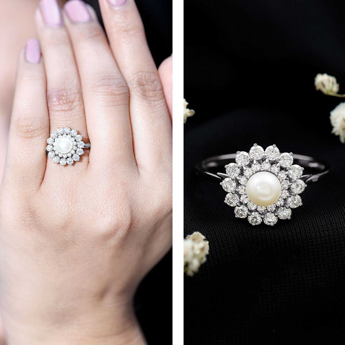Certified Real Freshwater Pearl Flower Engagement Ring with Moissanite