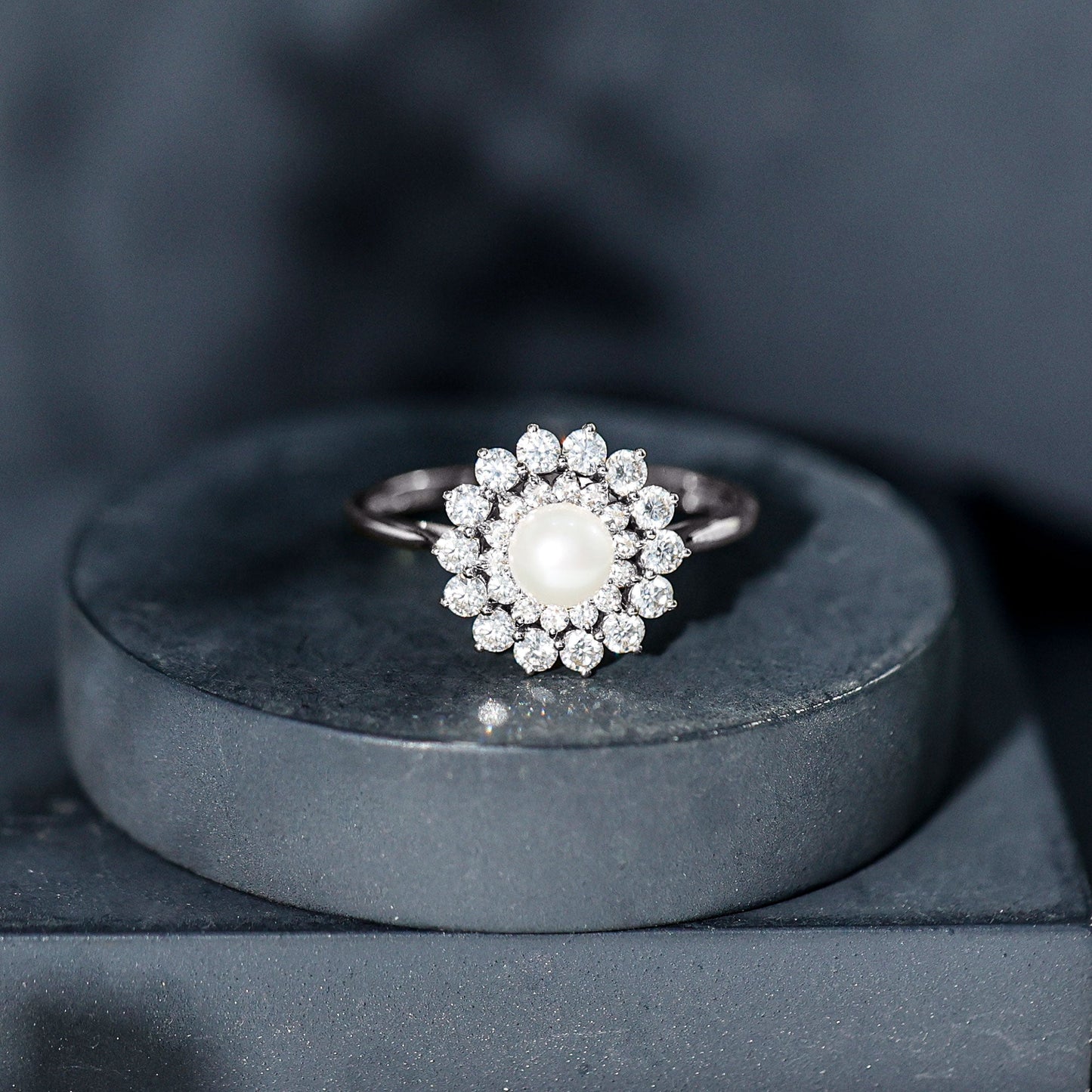 Certified Real Freshwater Pearl Flower Engagement Ring with Moissanite