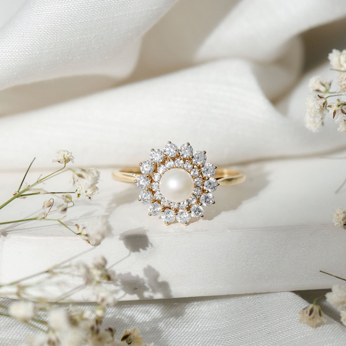 Certified Real Freshwater Pearl Flower Engagement Ring with Moissanite