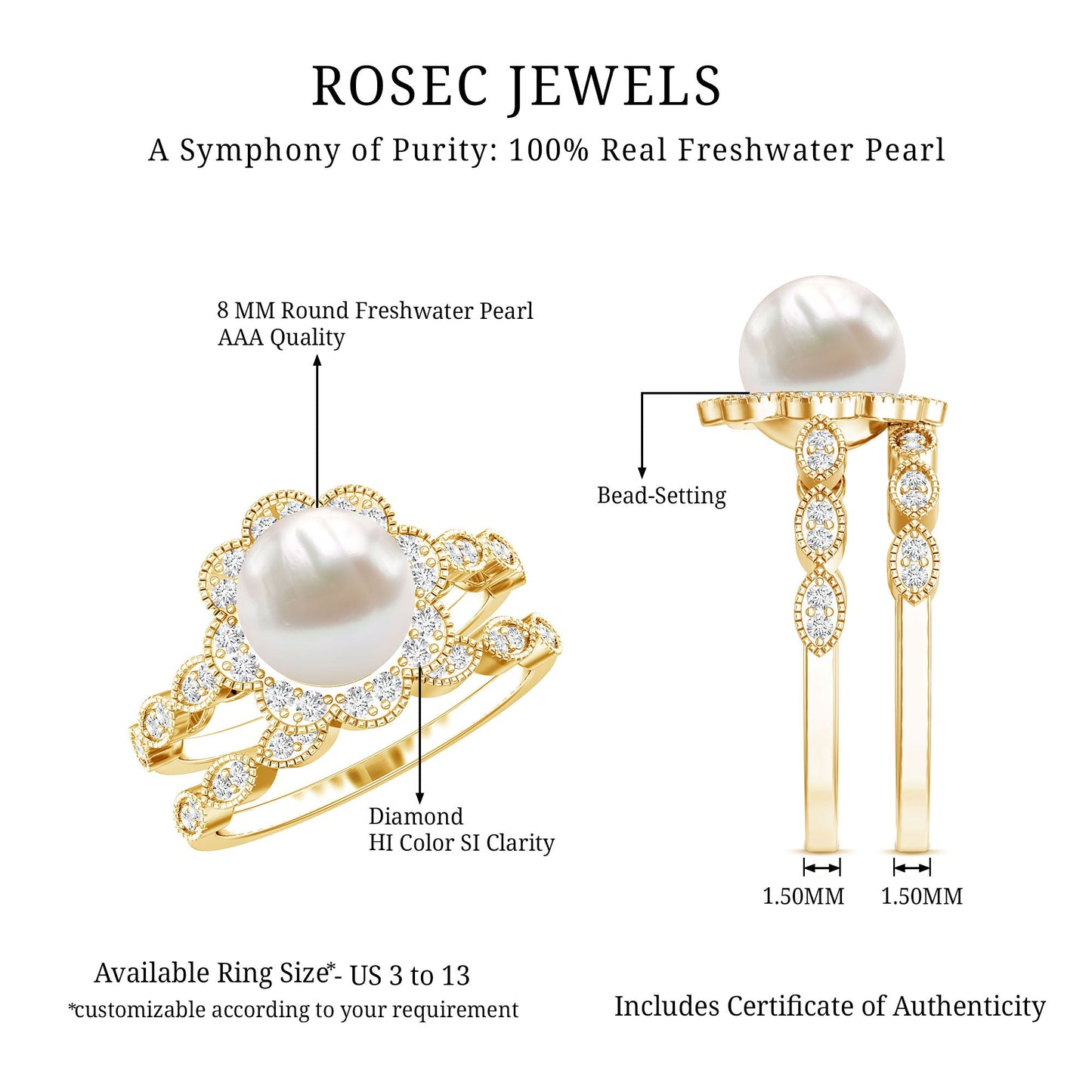Freshwater Pearl and Diamond Wedding Ring Set