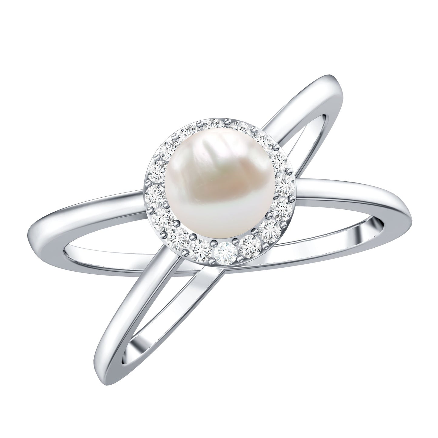 Real 2 Carat Freshwater Pearl Diamond Halo Engagement Ring with Criss Cross Shank