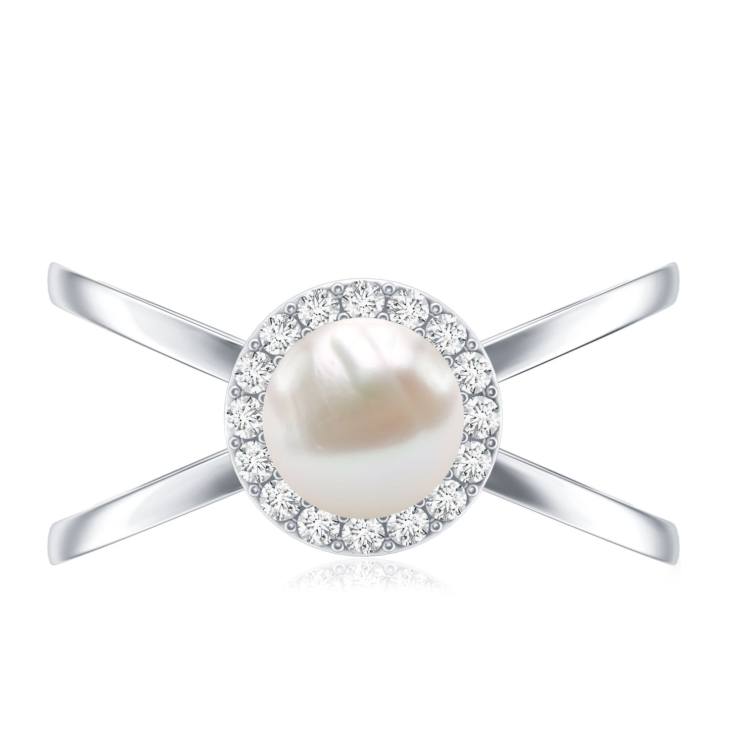 Real 2 Carat Freshwater Pearl Diamond Halo Engagement Ring with Criss Cross Shank