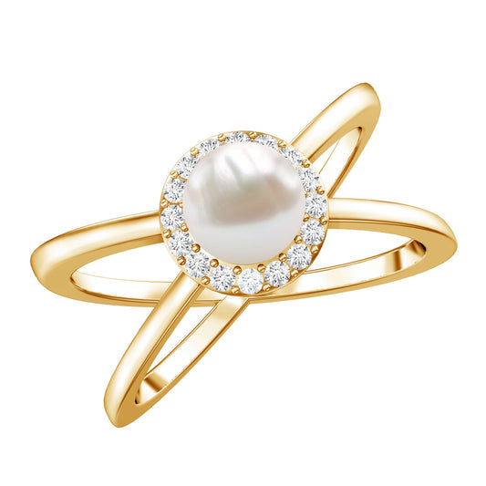 Real 2 Carat Freshwater Pearl Diamond Halo Engagement Ring with Criss Cross Shank