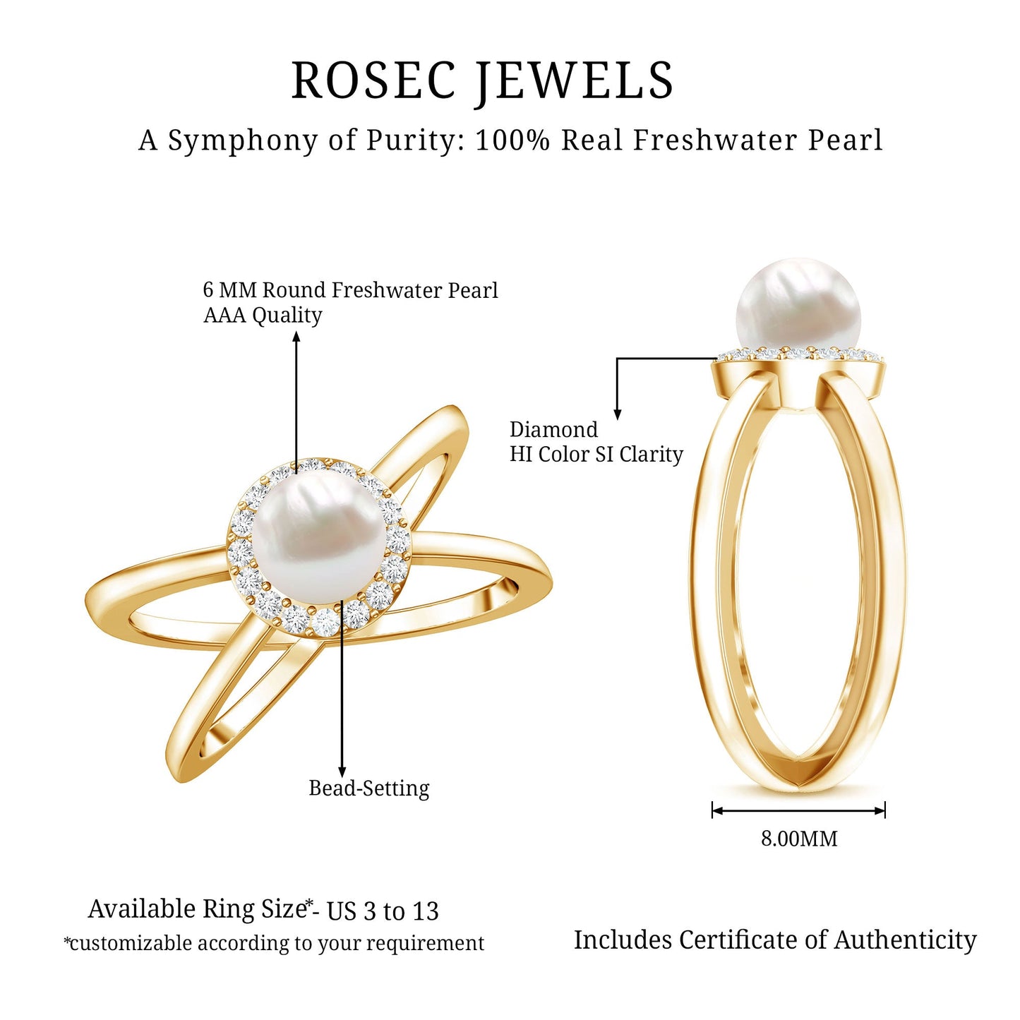 Real 2 Carat Freshwater Pearl Diamond Halo Engagement Ring with Criss Cross Shank