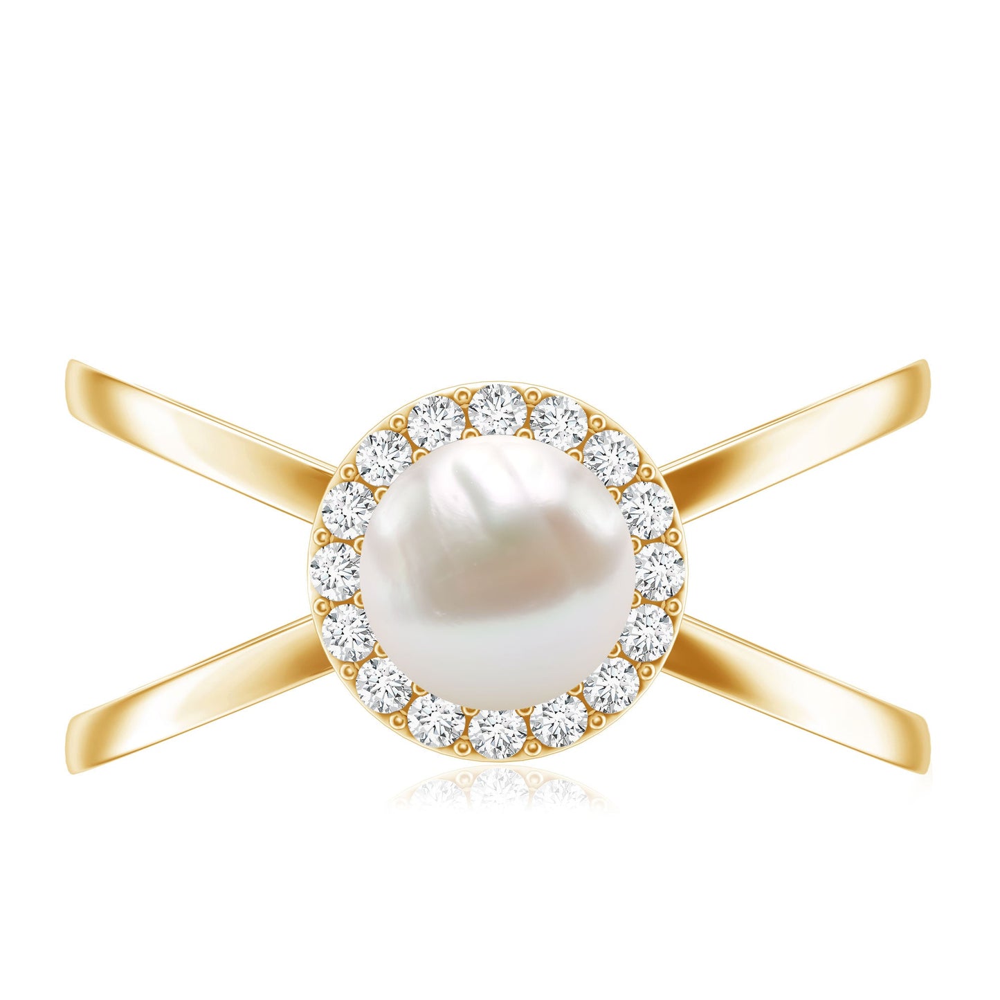 Real 2 Carat Freshwater Pearl Diamond Halo Engagement Ring with Criss Cross Shank