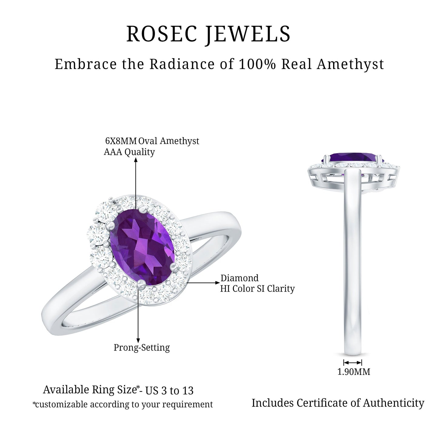 1 Carat Amethyst Designer Engagement Ring with Diamond for Women
