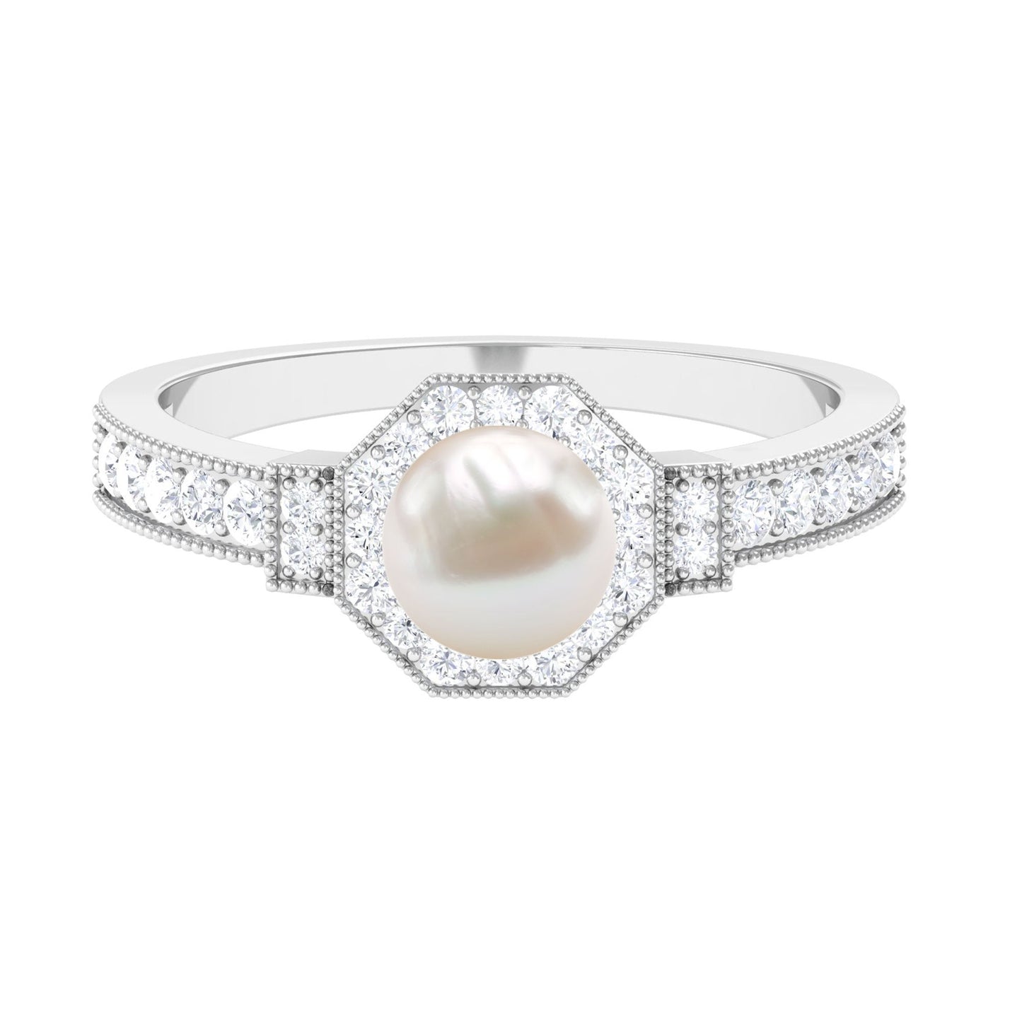 Art Deco Inspired 2.2 Carat Freshwater Pearl Engagement Ring with Diamond Halo