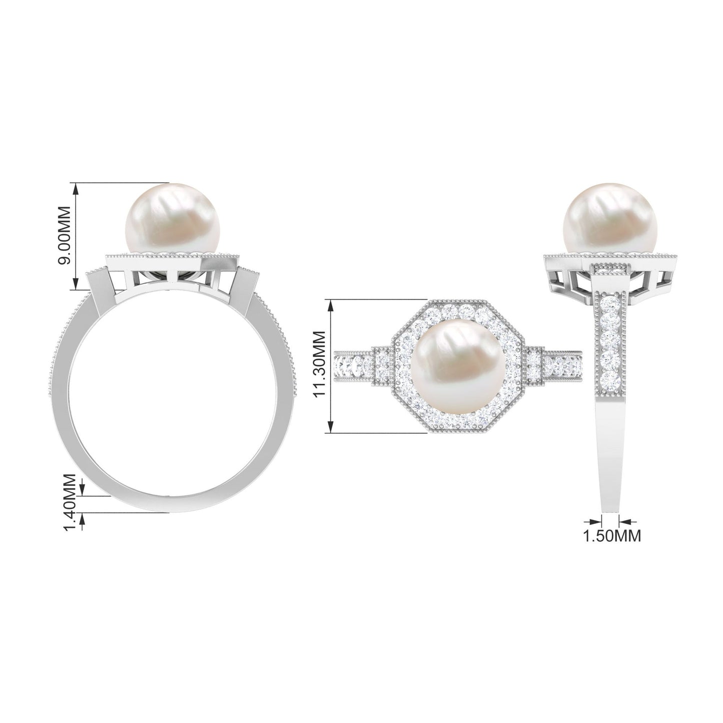 Art Deco Inspired 2.2 Carat Freshwater Pearl Engagement Ring with Diamond Halo