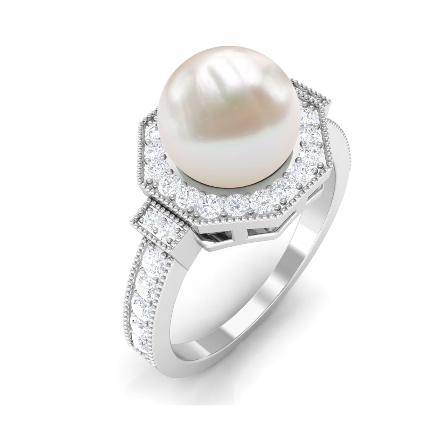 Art Deco Inspired 2.2 Carat Freshwater Pearl Engagement Ring with Diamond Halo