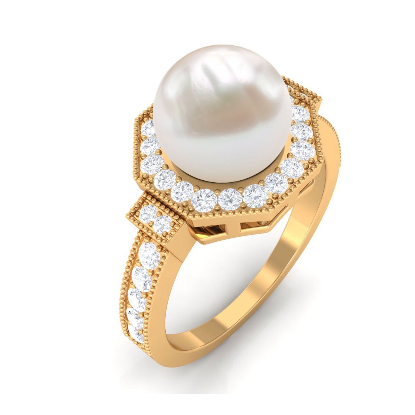 Art Deco Inspired 2.2 Carat Freshwater Pearl Engagement Ring with Diamond Halo