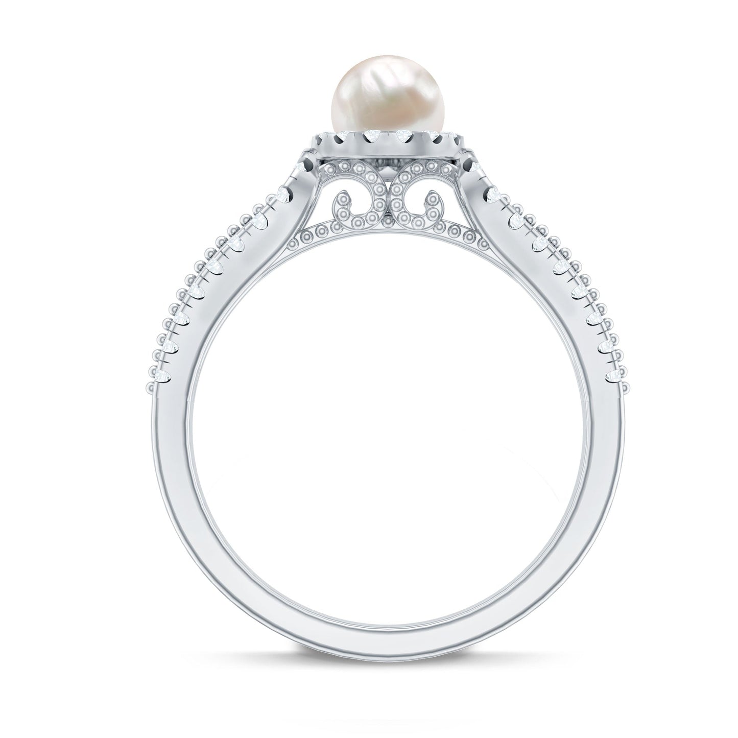 2 Carat Freshwater Pearl and Diamond Engagement Ring with Beaded Detail