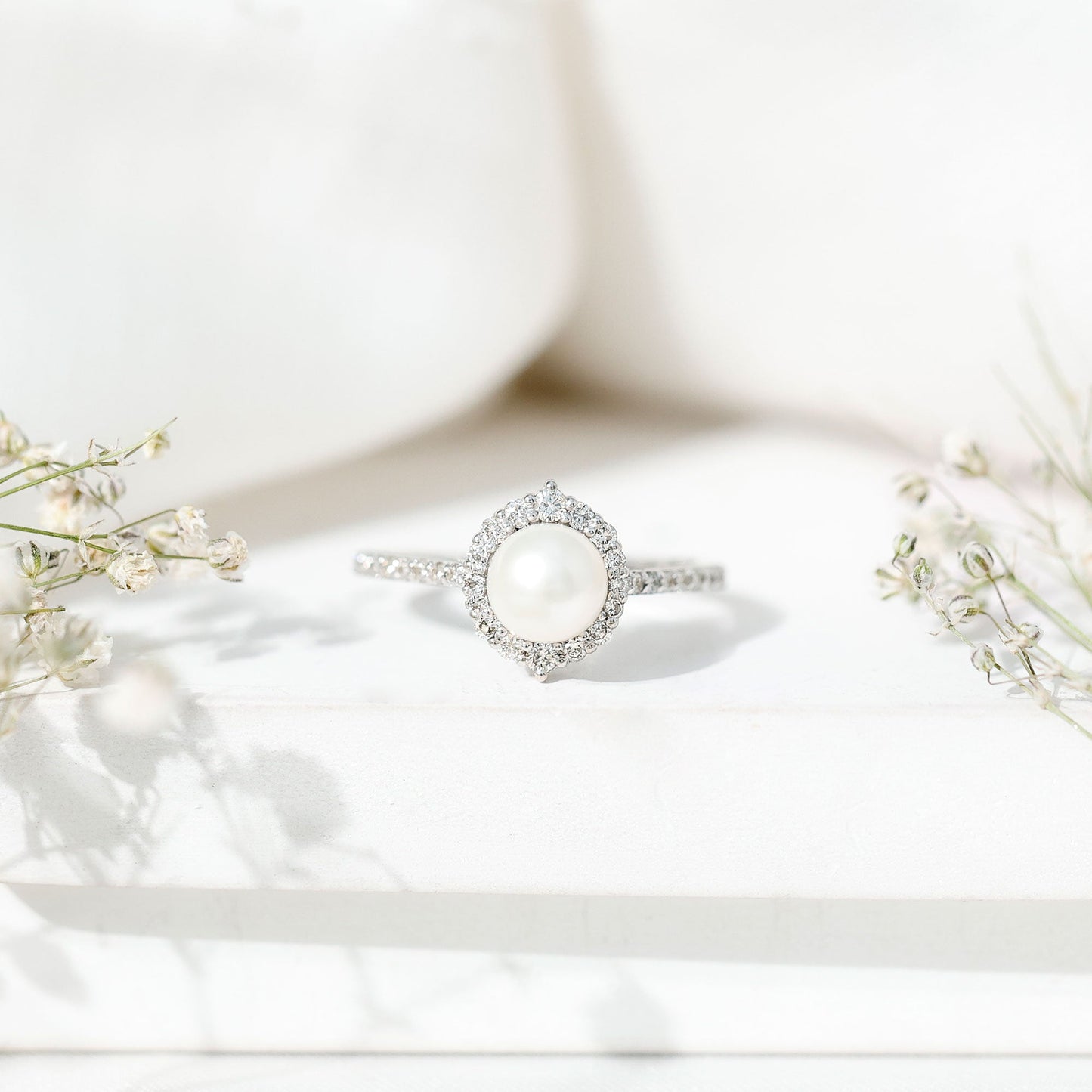 Freshwater Pearl and Diamond Halo Engagement Ring