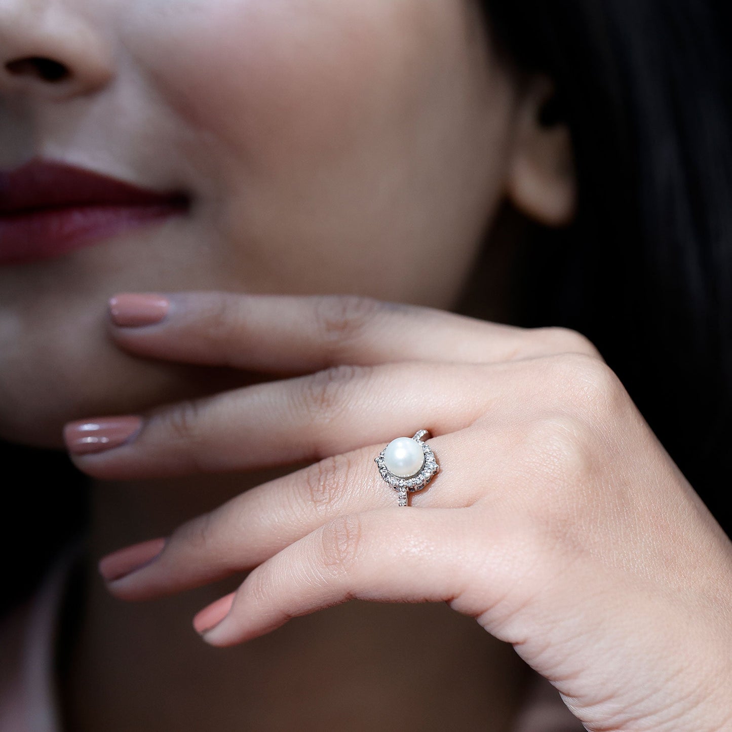 Freshwater Pearl and Diamond Halo Engagement Ring