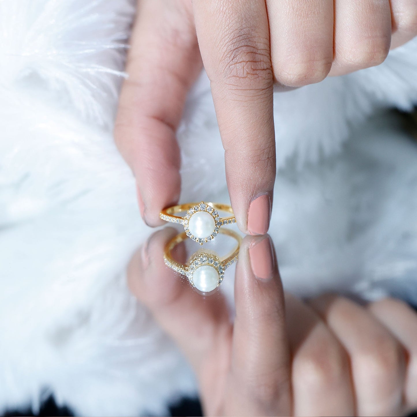 Freshwater Pearl and Diamond Halo Engagement Ring