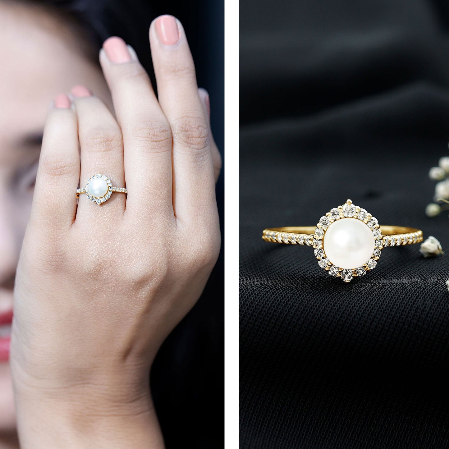 Freshwater Pearl and Diamond Halo Engagement Ring