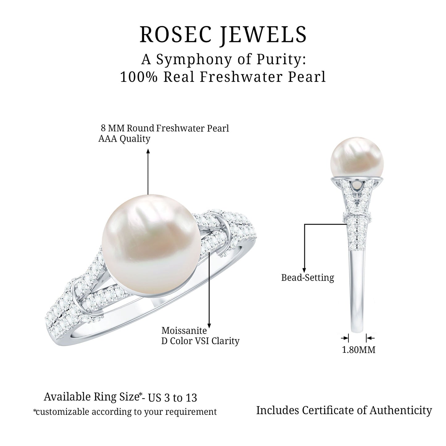 Cultured 7.4 Carat Freshwater Pearl Engagement Ring with Lab Diamonds