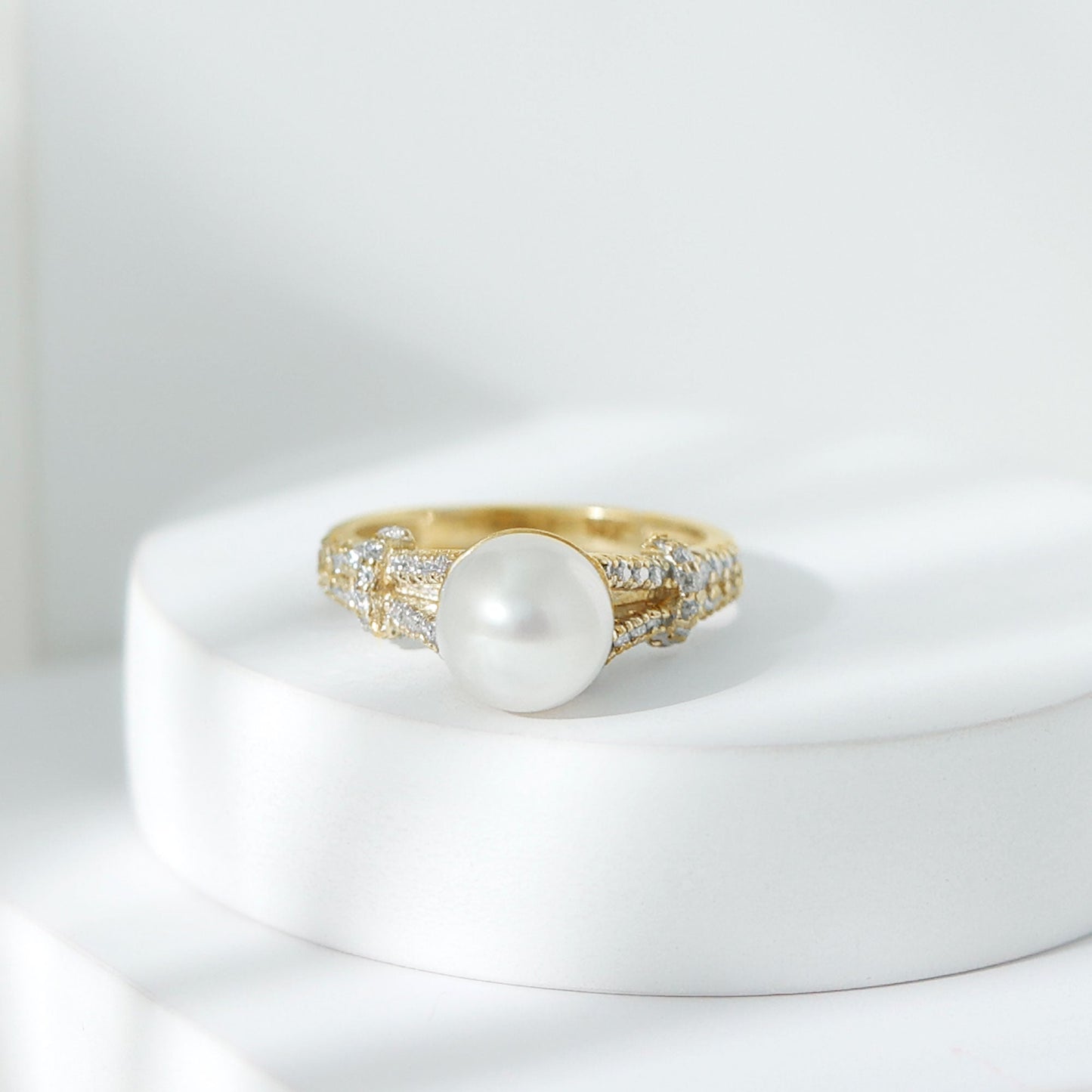 Cultured 7.4 Carat Freshwater Pearl Engagement Ring with Lab Diamonds